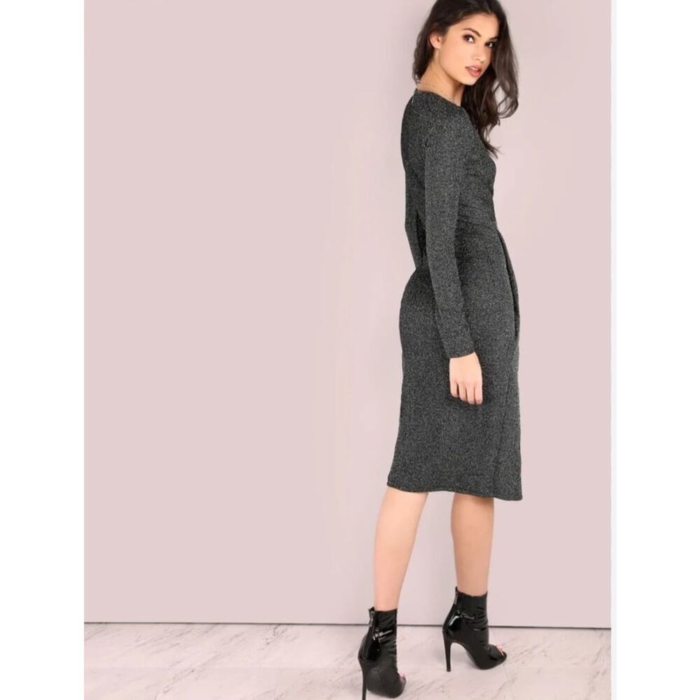 NWT White Closet Black silver ribbed knit long sleeve wrap bodycon dress size S